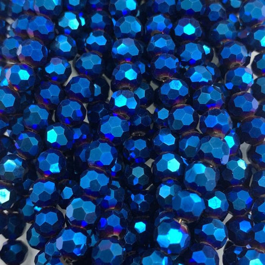 Metallic Blue Large Facetted Round Glass Beads 6mm