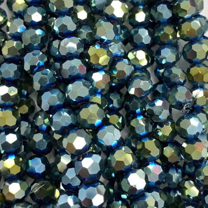 Metallic Green-Blue Large Facetted Round Glass Beads 8mm
